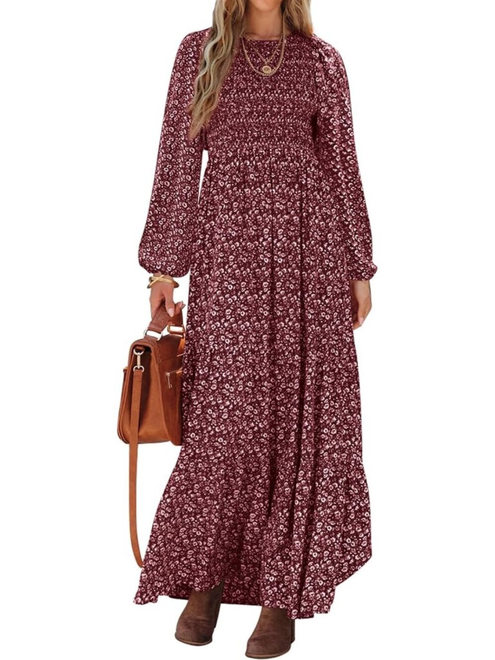 Women's Wine Red Trendy Outfits Long Sleeve Floral Boho A Line Maxi Fall Dresses
